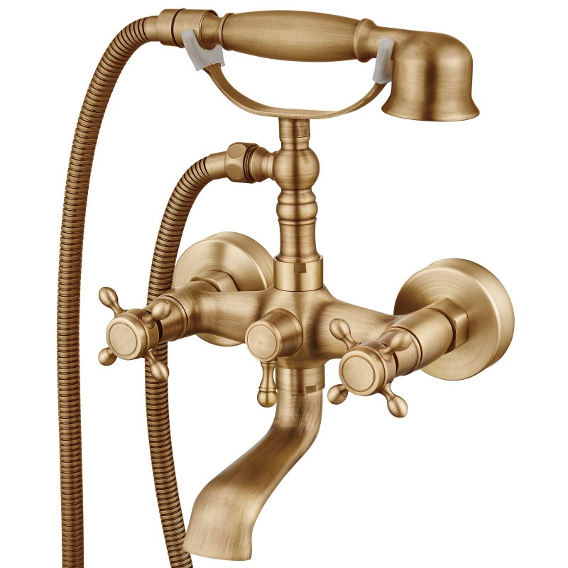 Aolemi Wall Mount Bathtub Faucet with Handheld Sprayer Antique Brass Tub Shower Faucet Vintage Double Cross Handle Swivel Spout Mixer Tap for Bathroom Telephone Shaped Shower Kit - Image 1